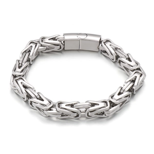 Men's silver Byzantine chain bracelet in polished stainless steel with square clasp