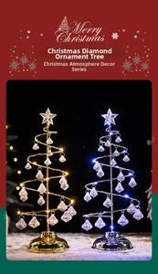 Detail of LED spiral Christmas trees in gold and silver with crystal diamond pendants