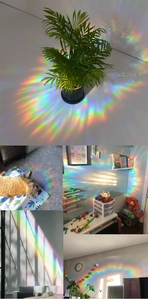 Rainbow prism effects from flower suncatcher stickers cast on walls and pets in indoor scenes