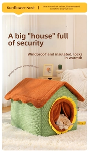 Detail of the cozy semi-enclosed pet house with sunflower design and soft fleece texture