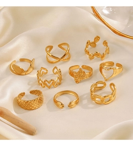 9-piece gold-plated stainless steel ring set with heart and butterfly motifs on satin