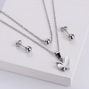 Silver titanium steel jewelry set with butterfly pendant necklace and ball stud earrings