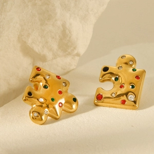 Puzzle Piece Stud Earrings 18K Gold Plated Stainless Steel Multicolor Zircon Inlaid Geometric Trendy Jewelry For Women