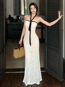 Robe Maxi Dos Nu Polyester Élasthanne Liens Noirs Contrastés Bustier Coupe Ajustée Sexy Été Fête Femmes