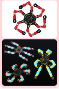 Macro view of transformable mechanical arm fidget spinner with glowing light effects