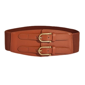 Wide elastic brown waist belt for women with double gold buckles and faux leather detail