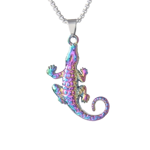 Hip hop style colorful rainbow crocodile pendant necklace on white background