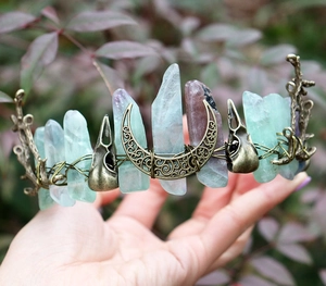Gothic forest crown with green and purple raw crystals and bronze crescent moon detail