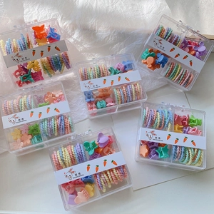 Macaron color kids hair accessory set with elastic bands and mini clips in a box