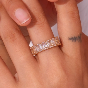 Gold plated stainless steel ring featuring rectangular zircon stones on a model hand