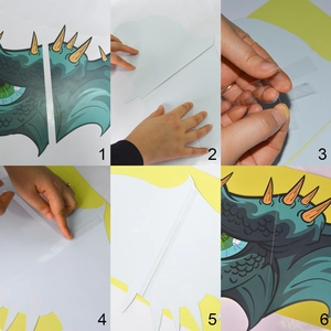 Step-by-step assembly guide for a DIY dragon head paper mask showing folding process