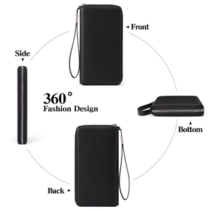 Black RFID PU leather long wallet with litchi texture shown in multi-angle 360 views