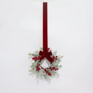 30cm Christmas wreath with red velvet bow, pine needles, and berries for wall decoration
