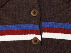 Detail der Strickstruktur auf braunem Polohemd mit blau-roten Streifen und Knöpfen