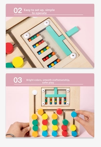 Detail of wooden logic puzzle showing smooth sliders and easy-to-use mechanics for kids