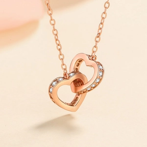 925 Sterling Silver Moissanite Necklace with Rose Gold Interlocking Heart Pendant