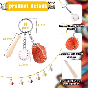 Detail showing 18-pack baseball keychain set with wooden bat, ball and orange glove charms