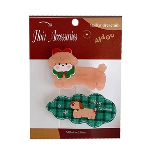 Christmas hair clips set featuring brown poodle and green merry christmas cloud patterns