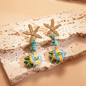 Detail of tropical fish drop earrings with golden starfish and turquoise stone beads