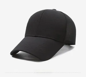Detail view of breathable mesh back and silver SP logo on a black baseball cap