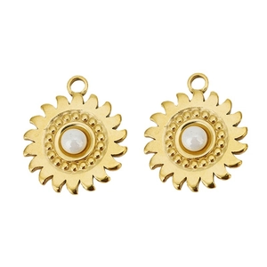 Pair of gold stainless steel sunflower charms with white pearl inlay for DIY jewelry