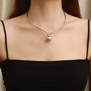 Detail view of a silver-toned steel twisted choker featuring a large sphere pendant drop