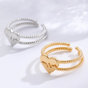 Adjustable heart-shaped couple rings with ECG wave pattern and twisted rope band texture
