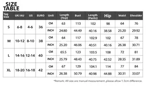 Detailed size chart for women's casual jacket and pants set with US, UK, EU measurements