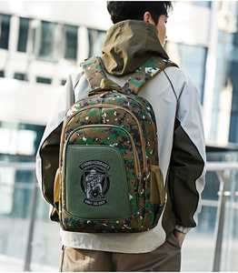Detail showing tactical camouflage backpack with army soldier embroidery and side mesh pocket