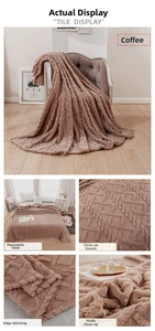Detail of coffee-colored flannel blanket featuring 3D geometric jacquard and soft texture