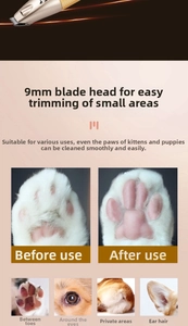 Détail de la tête de coupe 9mm pour tondeuse animaux avec avant-après du toilettage