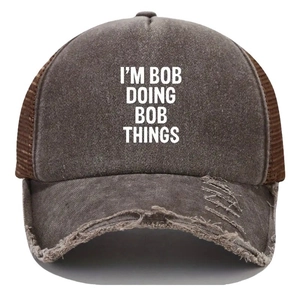 Distressed brown trucker hat with I'm Bob Doing Bob Things print and mesh back