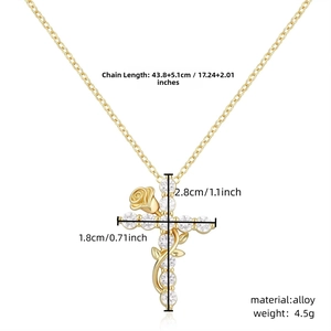 Detailed view of gold cross rose necklace with dimensions 17.24 inches and zircon inlay