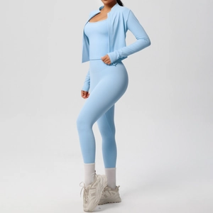 Three-piece light blue yoga set with zipper jacket, tank top, and high waist leggings