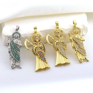 Detailed view of Saint Jude and Santa Muerte pendants with colorful micro zircon stones