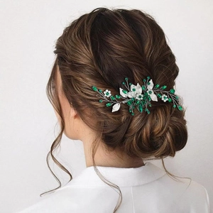 Silver leaf hair comb with white flowers and emerald crystals for bridal wedding headwear