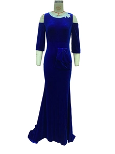 Close-up of royal blue velvet evening gown with off-shoulder neckline and side draping