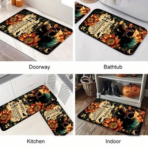 Halloween diatom mud mat shown in doorway, bathtub, kitchen, and indoor scenes