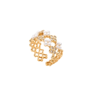 Bague ouverte fleur plaquée or avec perles blanches et pierres de zircone étincelantes