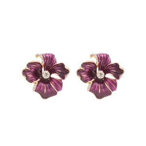 Exquises boucles d'oreilles fleurs en émail violet avec bords dorés et cristaux
