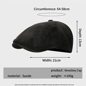 Retro faux suede newsboy cap in solid black color with detailed sizing specifications