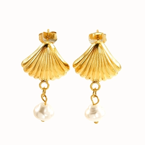 Elegant 18K gold-plated shell earrings with Baroque pearls on white background