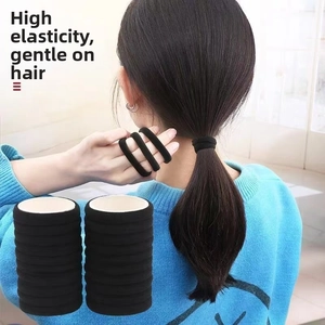 Detail view of high-elastic black seamless hair ties with ribbed texture shown in use