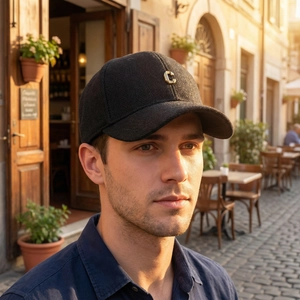 Winter dark grey herringbone baseball cap with golden metal C letter logo for men and women