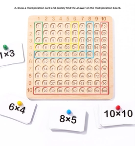 Detail of wooden multiplication board with number cards and colorful marker pins