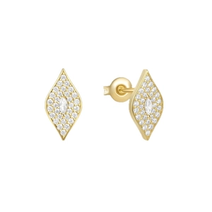 Golden marquise-cut heart earrings with pavé diamond setting on a white background