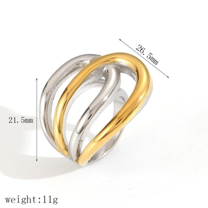 Bague moderne bicolore en acier inoxydable plaqué or 18k avec vagues 26,5 mm