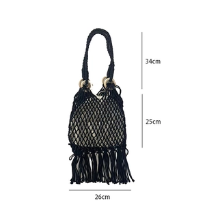 Size chart for black woven tassel bag with dimensions 34cm handle, 25cm height, 26cm width