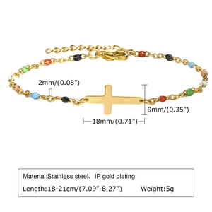 Detailed view of golden stainless steel cross bracelet with size specs and 18-21cm length