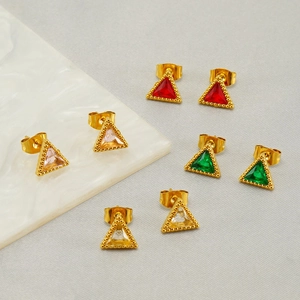 Gold stainless steel triangle stud earrings set with colorful zircon and milgrain edges